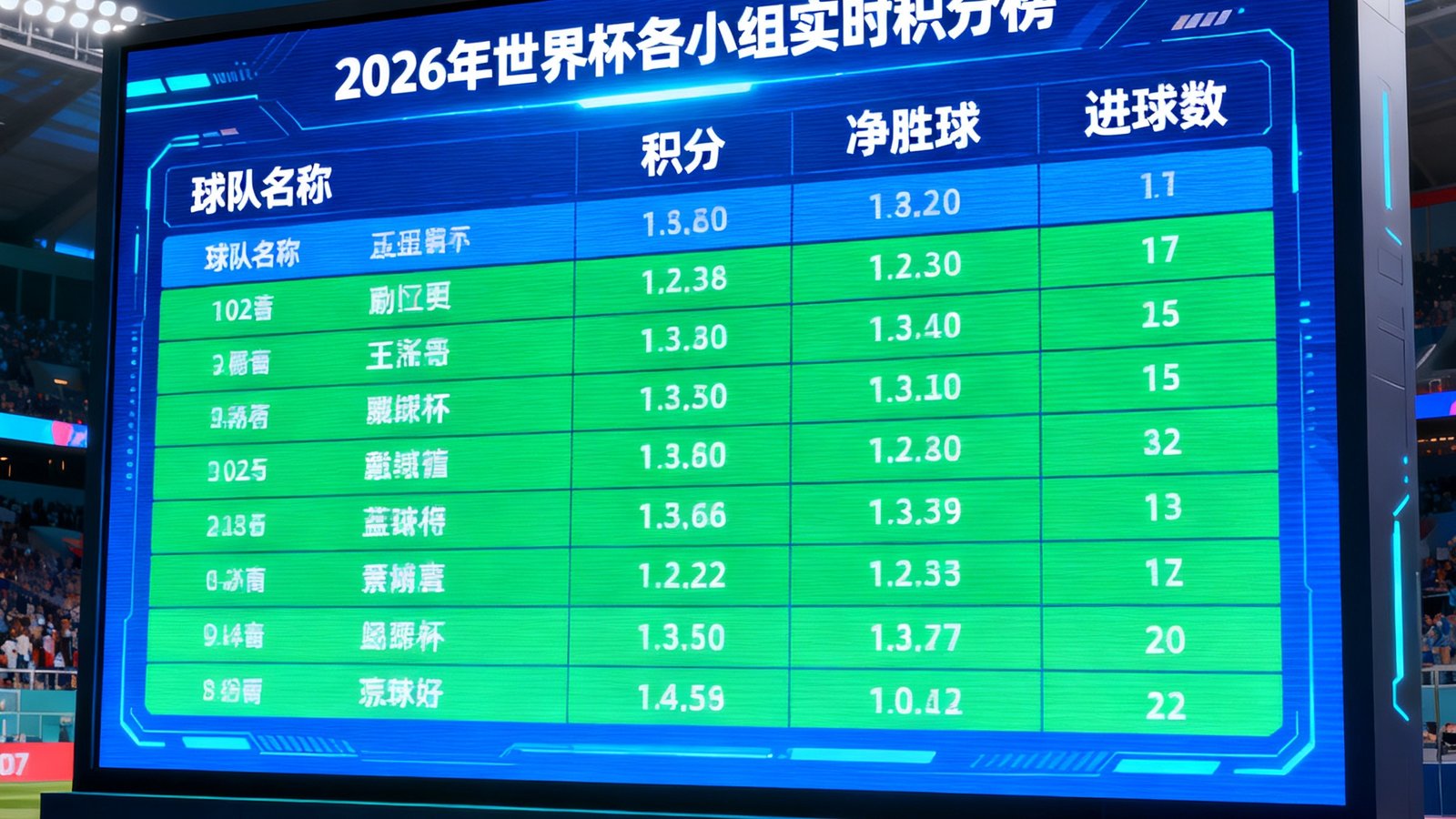 一块大型电子显示屏上展示着2026年世界杯各小组的实时积分榜数据，包含球队名称、积分、净胜球和进球数，色彩鲜明的数据界面充满科技感。