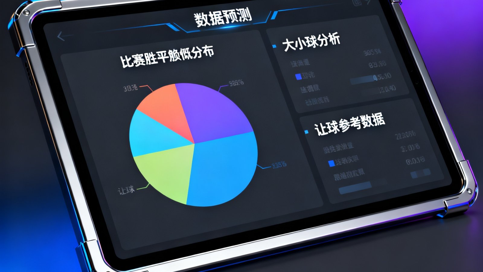 数据预测界面展示一场比赛的胜平负概率分布饼图，旁边列出大小球分析和让球参考数据，整体设计采用深色科技风格。